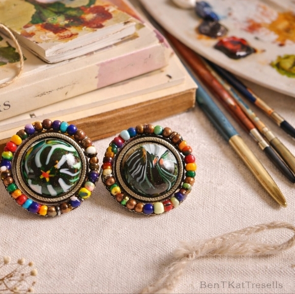 Robert Rose Beaded Clip Earrings Art Glass Cabochon Statement Vintage - Picture 3 of 10